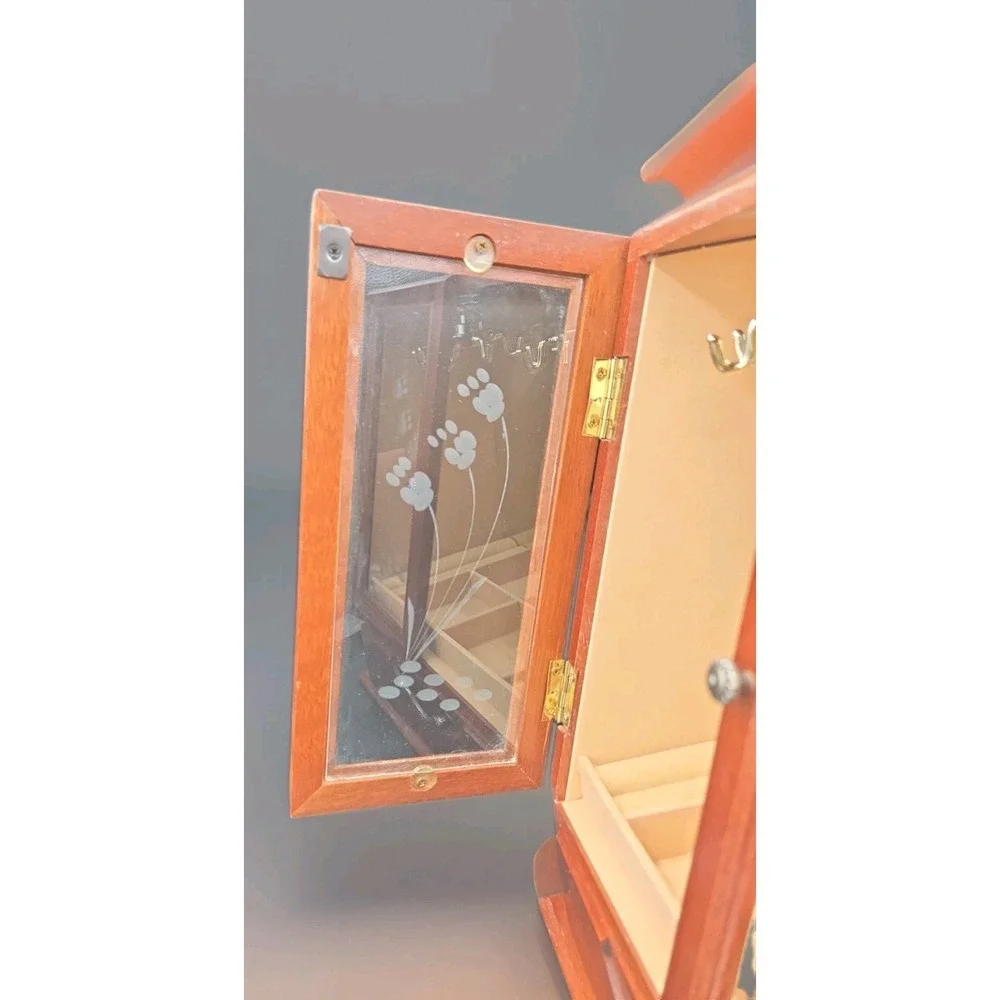 Vintage Wooden Jewelry Box Armoire Etched Glass Doors Rotating Carousel Mirror